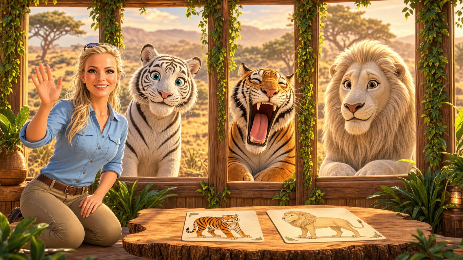 A caricature of Liz waving beside a white tiger, a yawning Bengal tiger and a white lion framed in lodge windows.