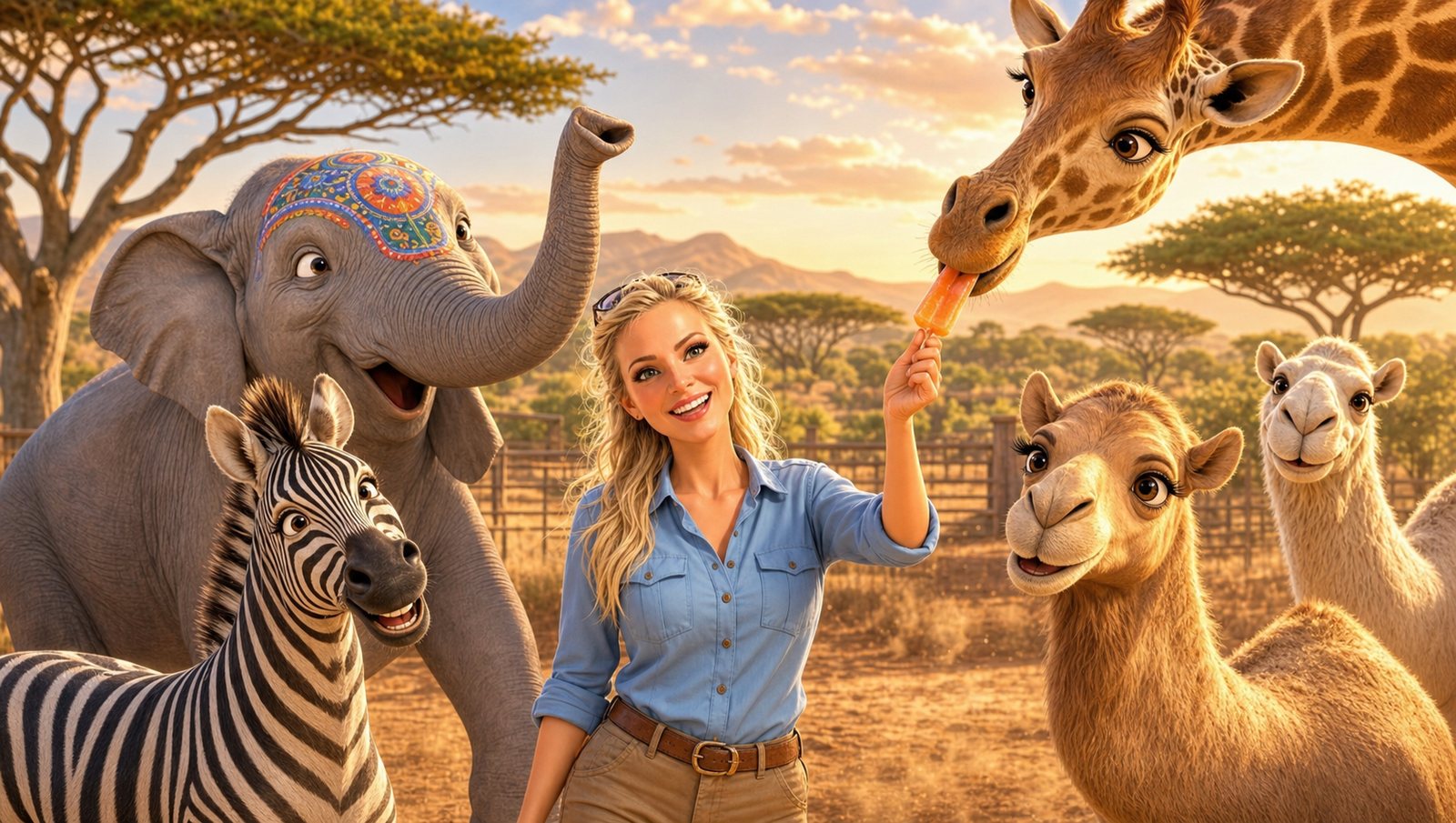 Caricature of Liz feeding a popsicle to a giraffe, with a zebra, a painted elephant and two camels around her.