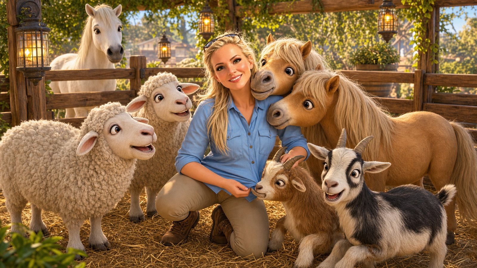 Caricature of Liz crouching in a petting paddock surrounded by sheep, goats and miniature horses.